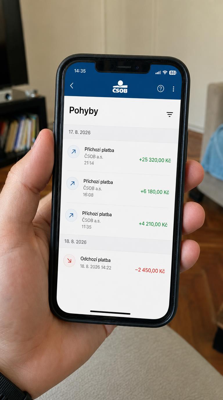Snímek z bankovnictví ČSOB: tři platby od Pinnacle Signal GPT ze 17. srpna v celkové výši 38 650 Kč