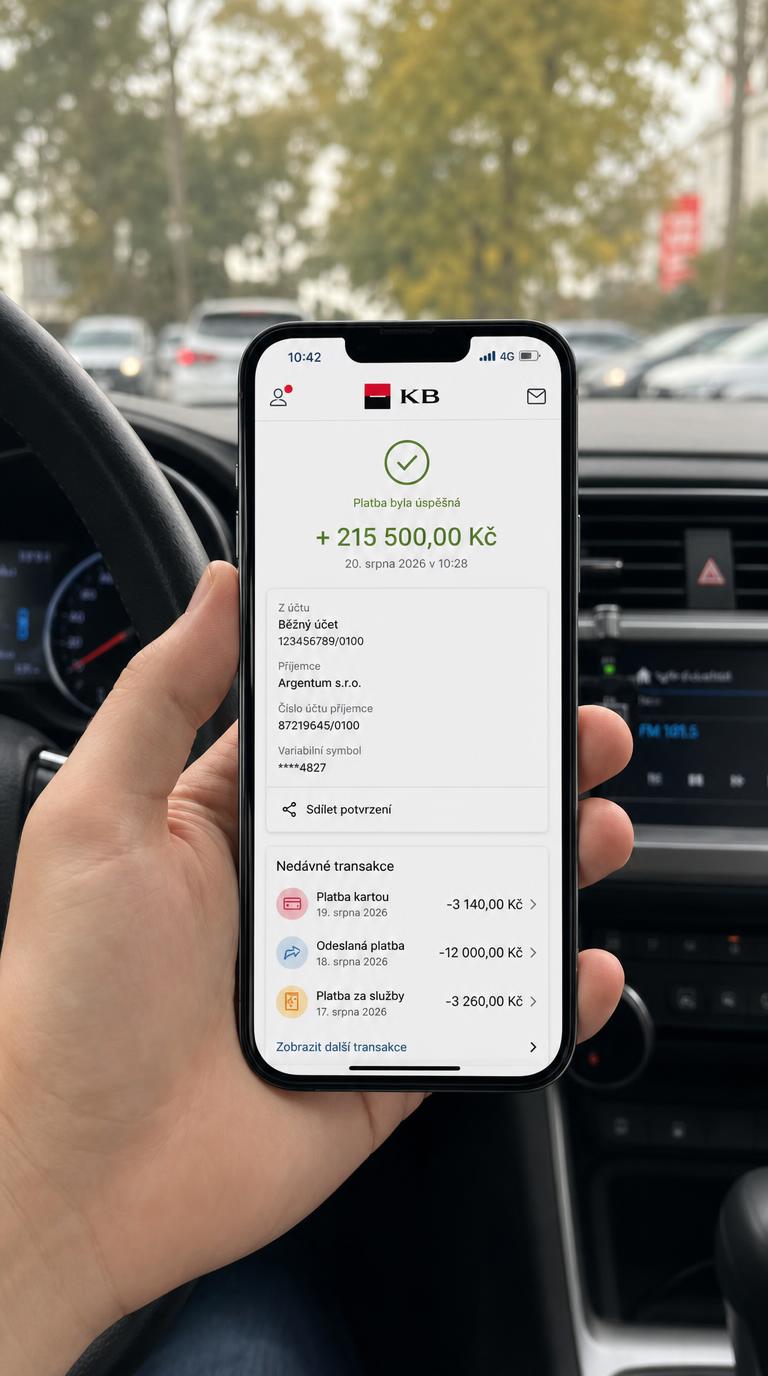 Snímek z bankovnictví KB: převod od Pinnacle Signal GPT na částku 218 500 Kč z 20. srpna